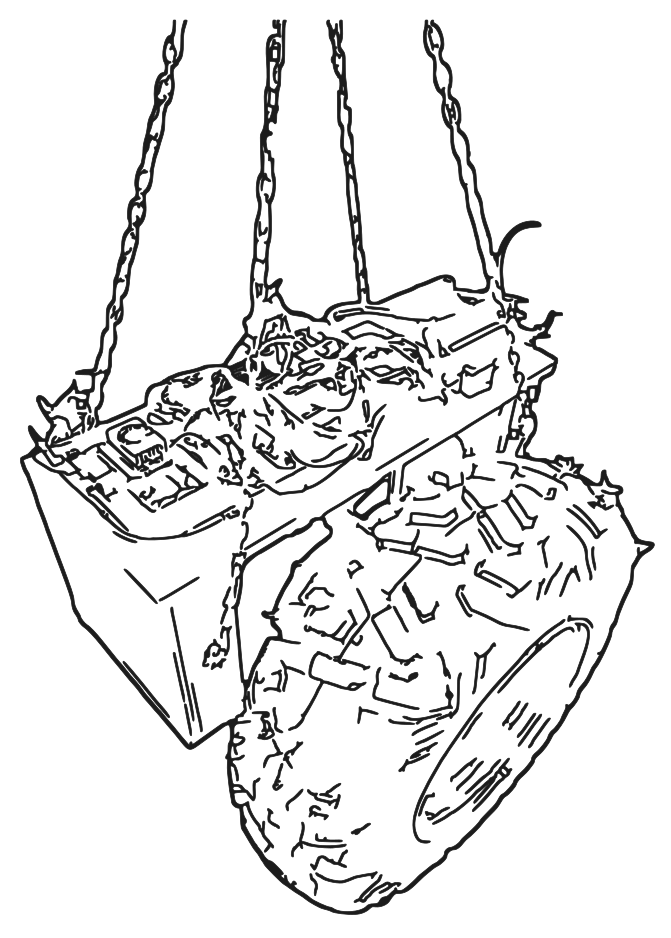 Line drawing of the Schlep prototype hanging from a hoist
